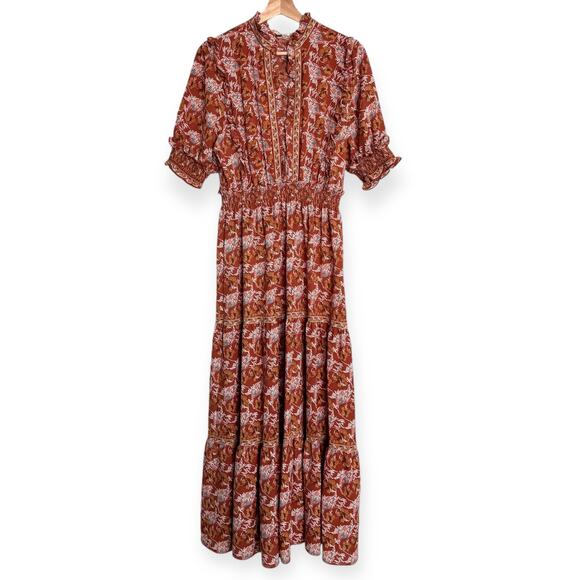Max Studio Burnt Orange Floral Ruffled Tiered Smocked Maxi Dress Women's Size XL - Picture 1 of 11